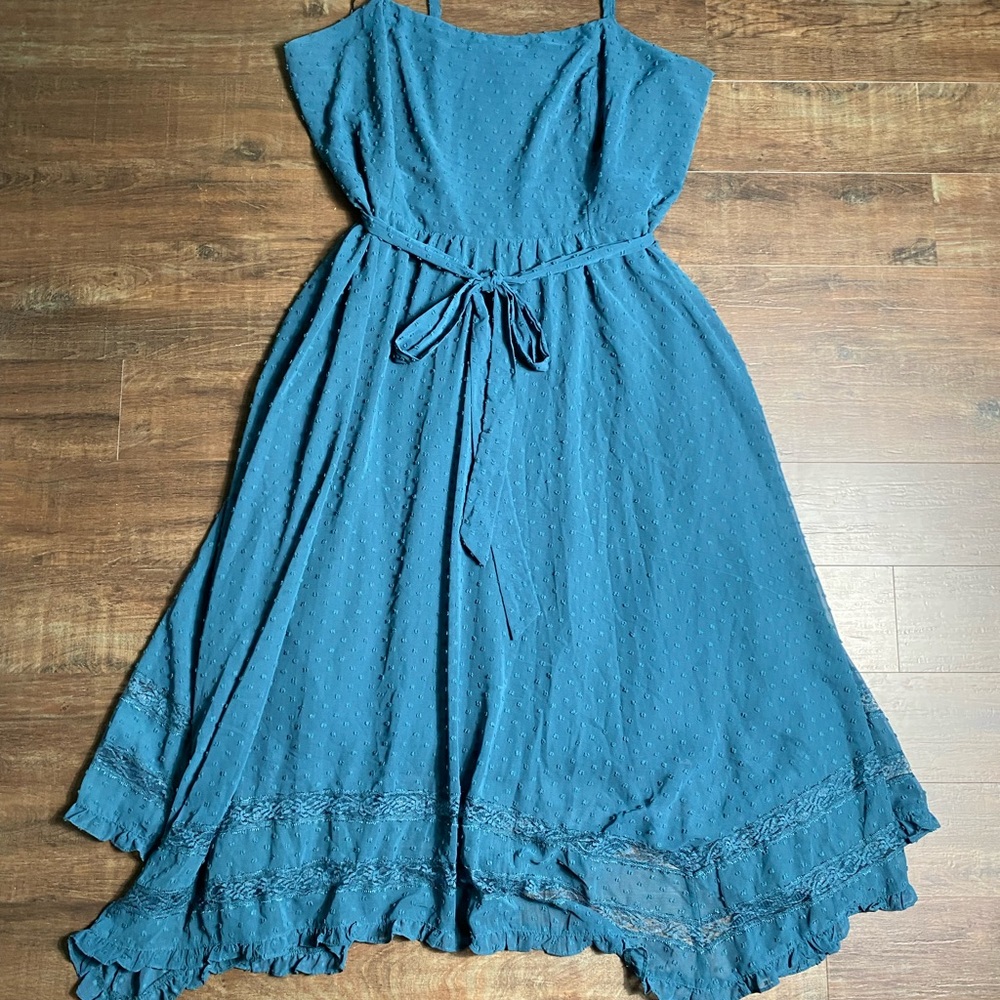 City Chic Teal Swiss Polkadot Adjustable Spaghetti Strap Handkerchief Plus Size